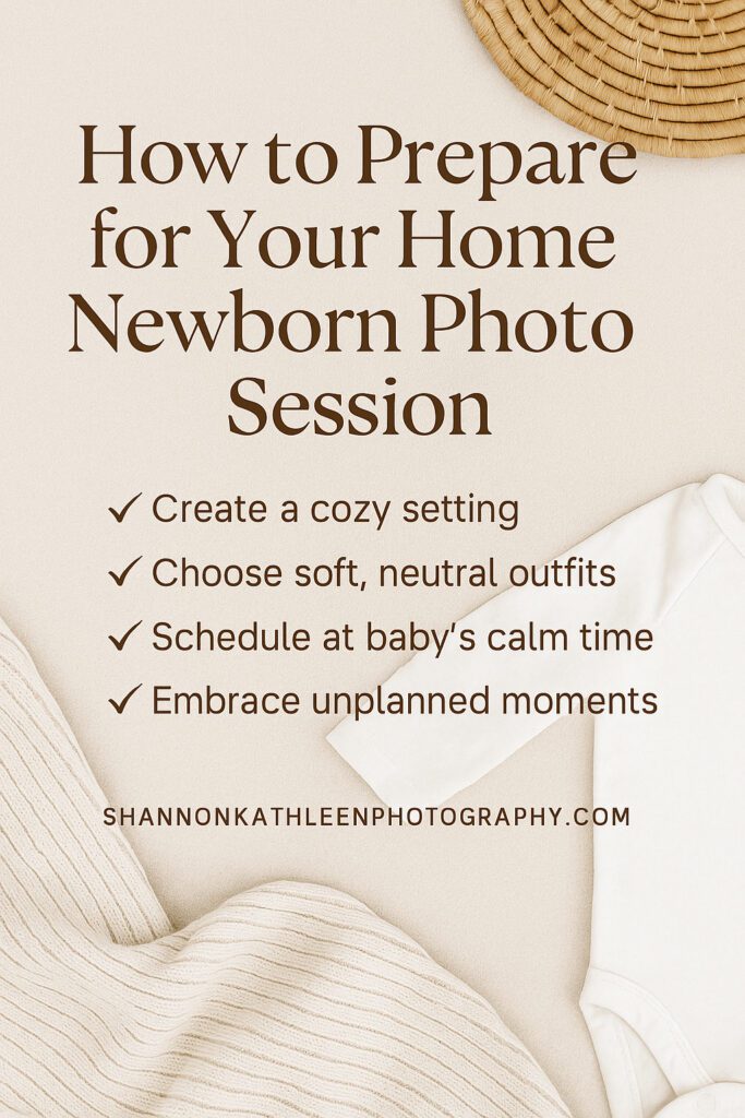 Flat lay Pinterest graphic with baby swaddle, camera, neutral blankets, and text overlay reading “How to Prepare for Your Home Newborn Photo Session” — perfect for sharing newborn photo tips and at-home session preparation.
