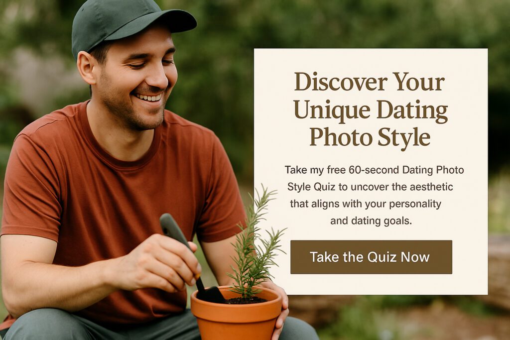 A smiling man in a rust-colored shirt and green cap tends to a potted plant during a casual gardening moment. A banner beside him invites readers to take a free 60-second Dating Photo Style Quiz to discover what photo style best matches their personality and hobbies.