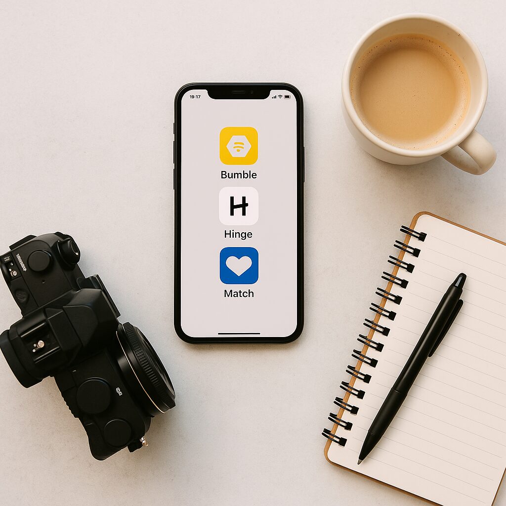 Flat lay photo of a smartphone displaying Bumble, Hinge, and Match apps, with a camera, coffee cup, and notebook — representing dating profile photographer near me