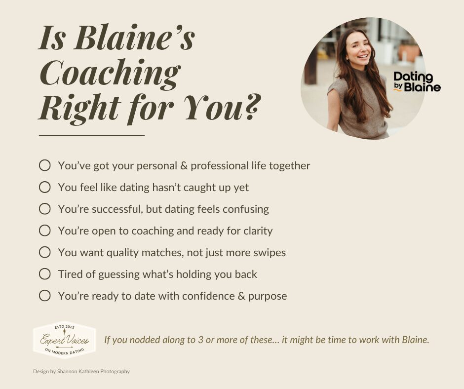 Graphic checklist titled “Is Blaine’s Coaching Right for You?” featuring seven questions for self-assessment, Blaine’s headshot with the Dating by Blaine logo, Expert Voices on Modern Dating badge, and design credit by Shannon Kathleen Photography.