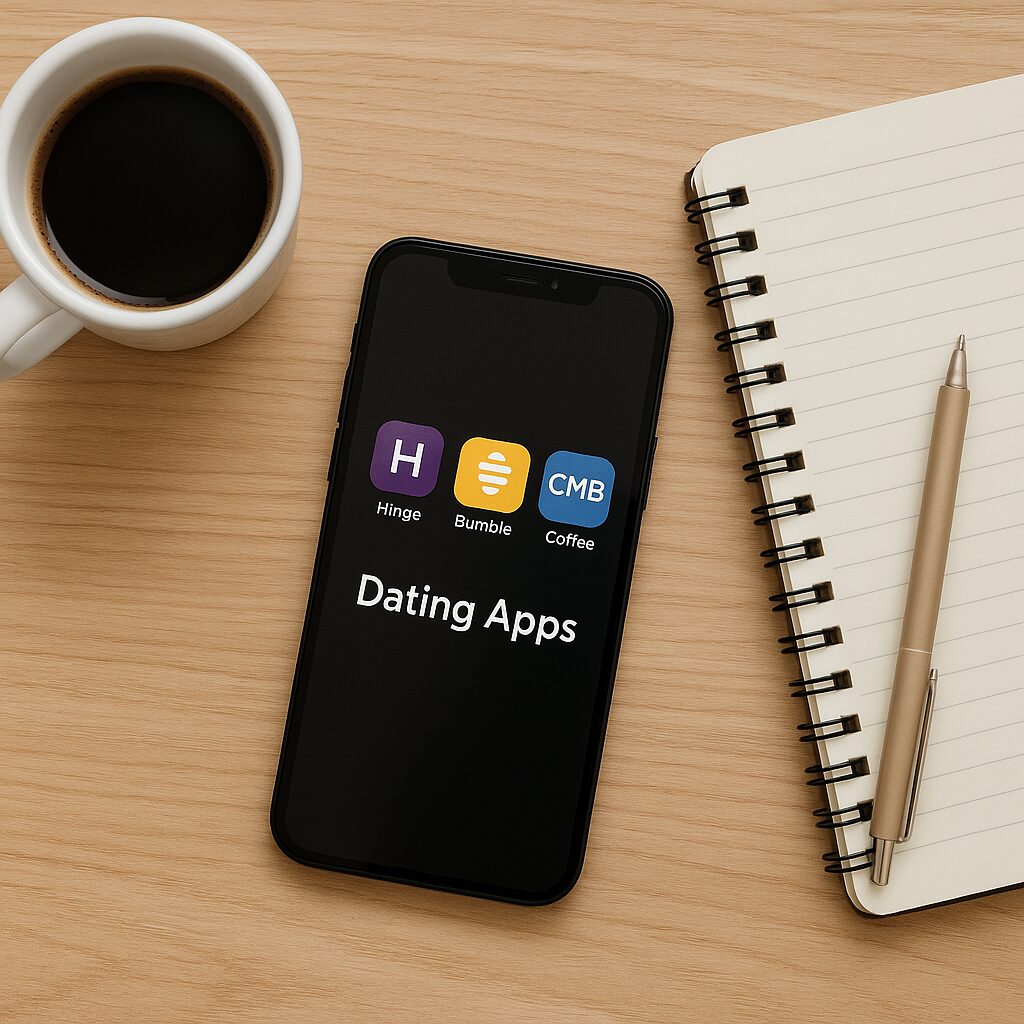 Flat-lay of phone with best dating apps for long-term relationships, coffee, and notebook — thoughtful online dating concept