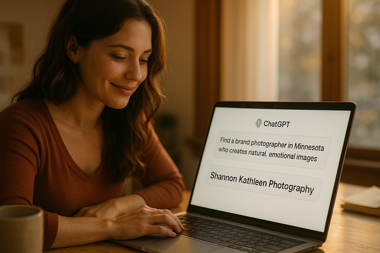 Woman using ChatGPT to search for a photographer, with text overlay promoting AI discovery for service providers and a free checklist offer